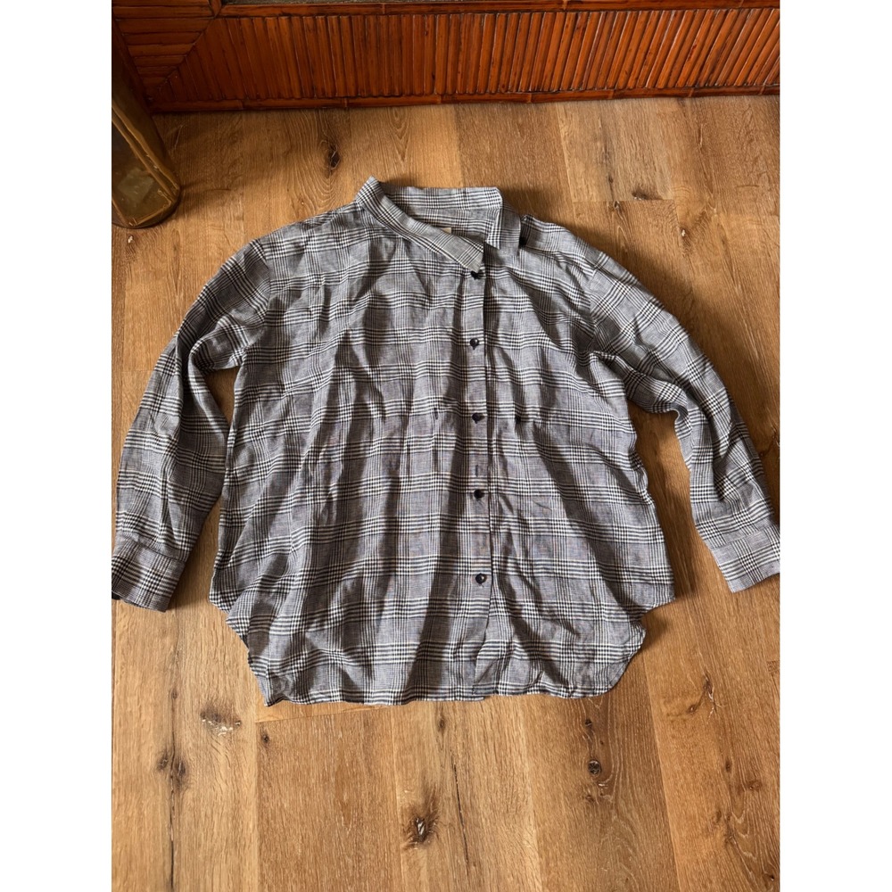 Roucha Black White Plaid‎ Linen Blend Button Down Shirt Size C